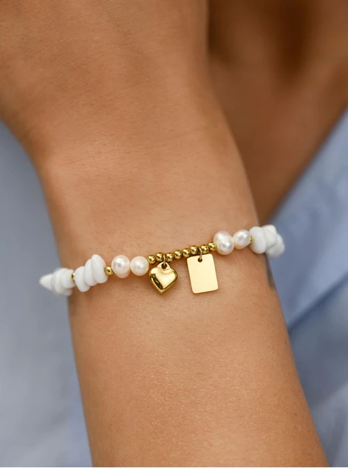 Bransoletka serce, perły, Kamień Księżycowy, stal S112782Z00