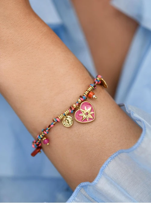 Bransoletka serduszko, kolorowy sznurek, stal pozłacana S112776Z00