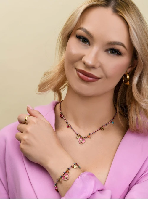 Bransoletka serduszko, kolorowy sznurek, stal pozłacana S112776Z00