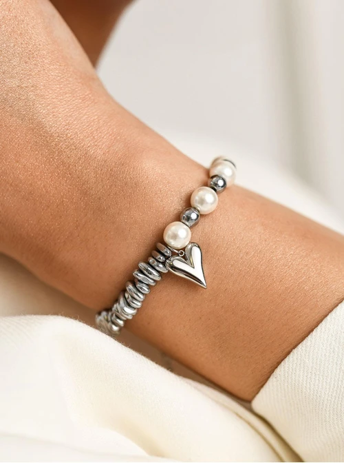 Bransoletka serduszko, perełki, Hematyt, stal S112598S00