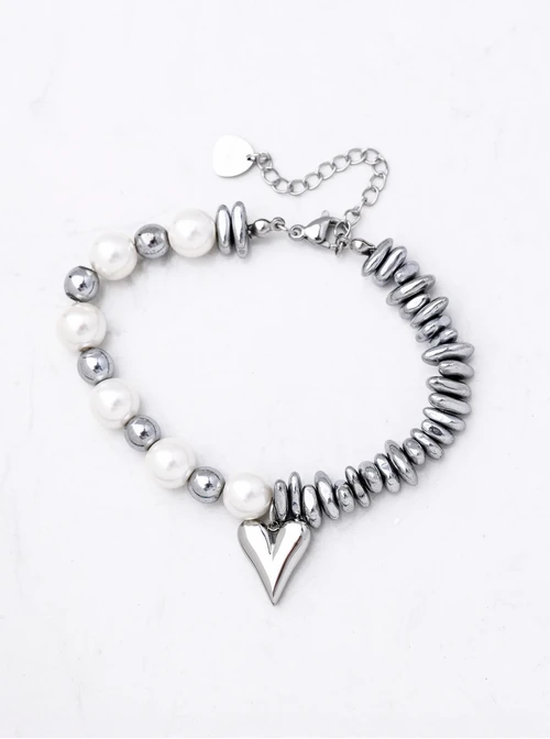 Bransoletka serduszko, perełki, Hematyt, stal S112598S00