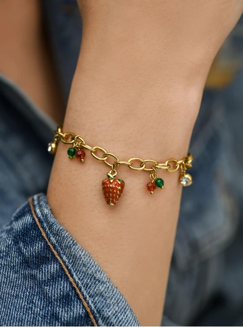 Bransoletka truskawka, kryształki, stal pozłacana S112513Z03