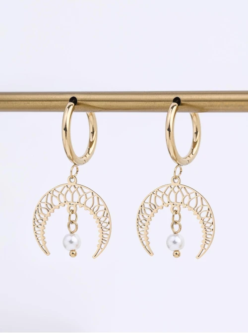 Kolczyki ażurowe księżyce, perełka, stal pozłacana S212677Z00