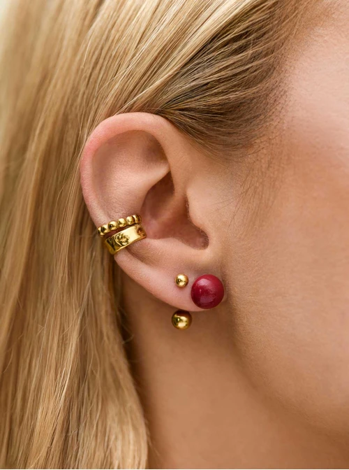 Kolczyki bordowe kulki, stal pozłacana S212539Z03