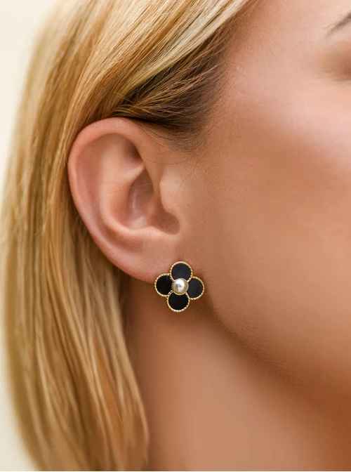Kolczyki czarny kwiatuszek, stal pozłacana S212685Z00