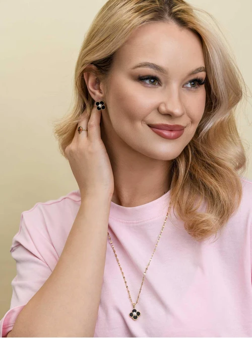 Kolczyki czarny kwiatuszek, stal pozłacana S212685Z00