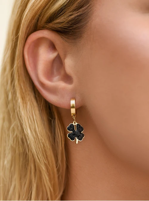 Kolczyki koniczynki, czarne kryształki, stal pozłacana S212700Z01