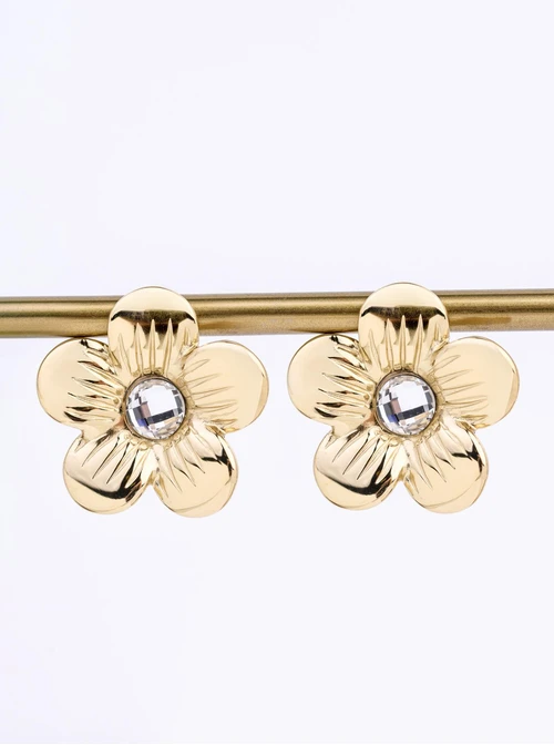 Kolczyki kwiat, kryształek, stal pozłacana S212363Z00