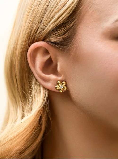 Kolczyki kwiat z kryształkiem, stal pozłacana S212376Z00