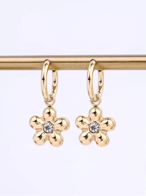 Kolczyki kwiatuszek z kryształkiem, stal pozłacana S212395Z00