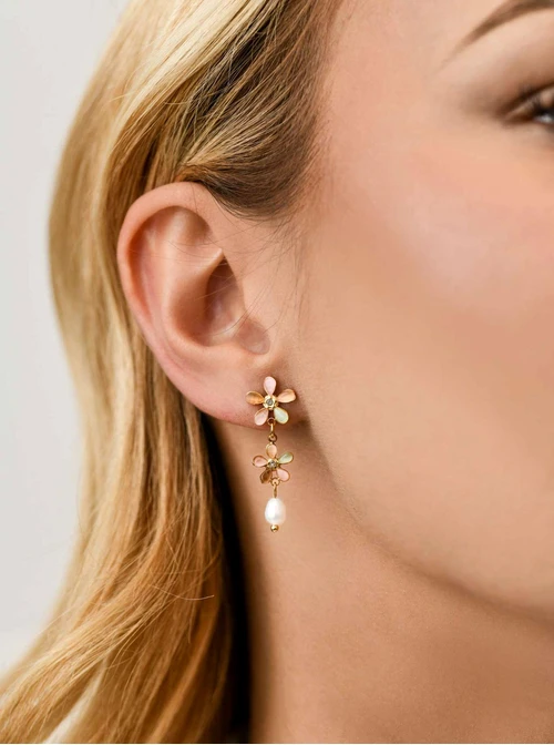 Kolczyki kwiatuszki, perełka, stal pozłacana S211873Z07