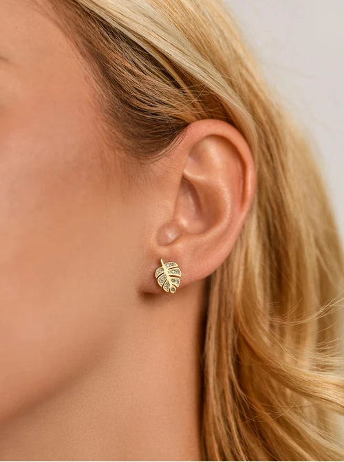 Kolczyki listki z kryształkami, stal pozłacana, S212404Z00