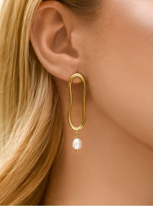 Kolczyki owalne z perełką, stal pozłacana S212711Z00