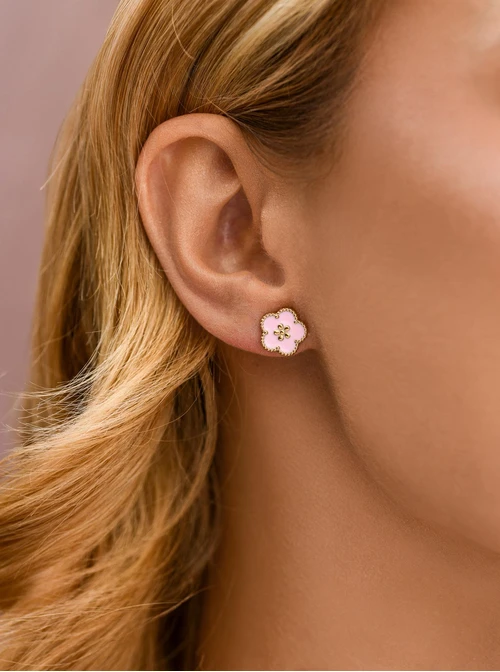 Kolczyki różowe kwiatuszki, stal pozłacana S212458Z06