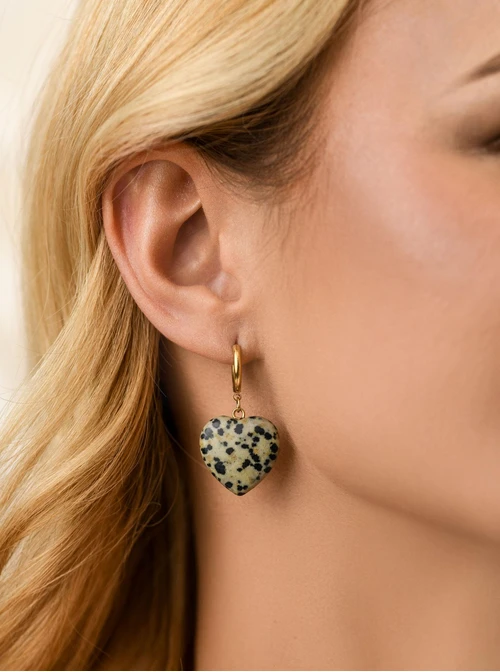 Kolczyki serca, Jaspis Dalmatyńczyk, stal pozłacana S212574Z00