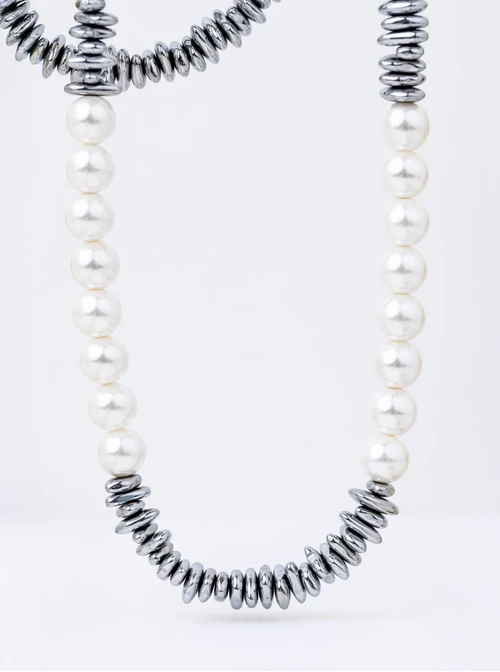 Naszyjnik Hematyt, perły, stal  S312605S00