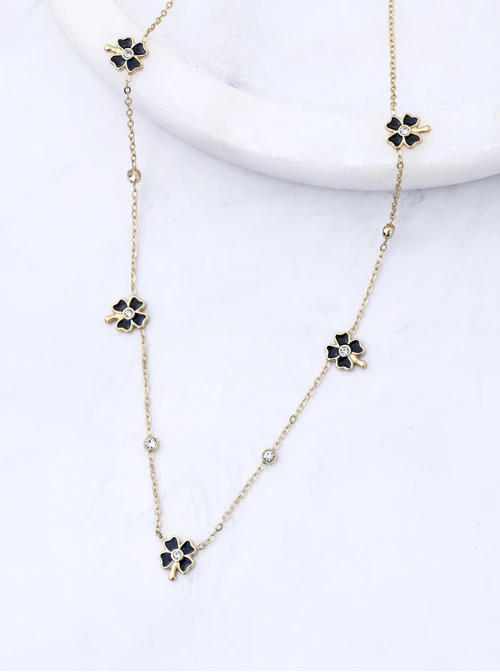 Naszyjnik czarne kwiatuszki, stal pozłacana S312447Z00