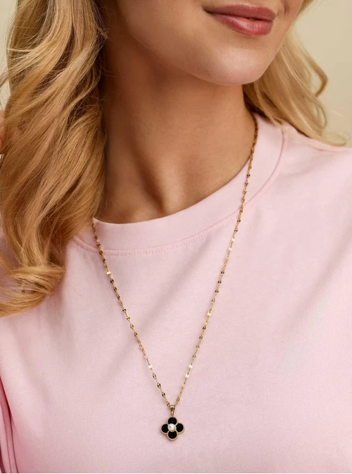 Naszyjnik czarny kwiatuszek, stal pozłacana S312684Z00