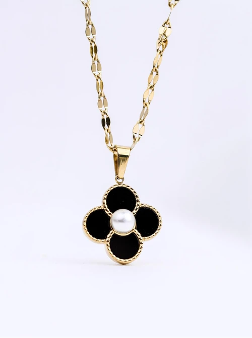 Naszyjnik czarny kwiatuszek, stal pozłacana S312684Z00