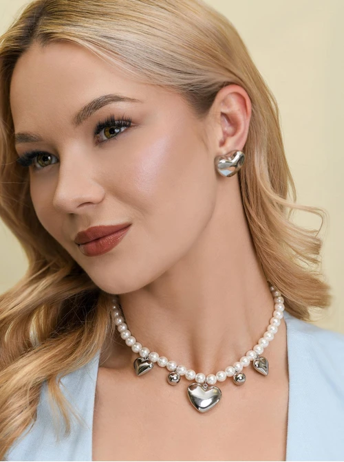 Naszyjnik dmuchane serca, perły, stal S312559S02