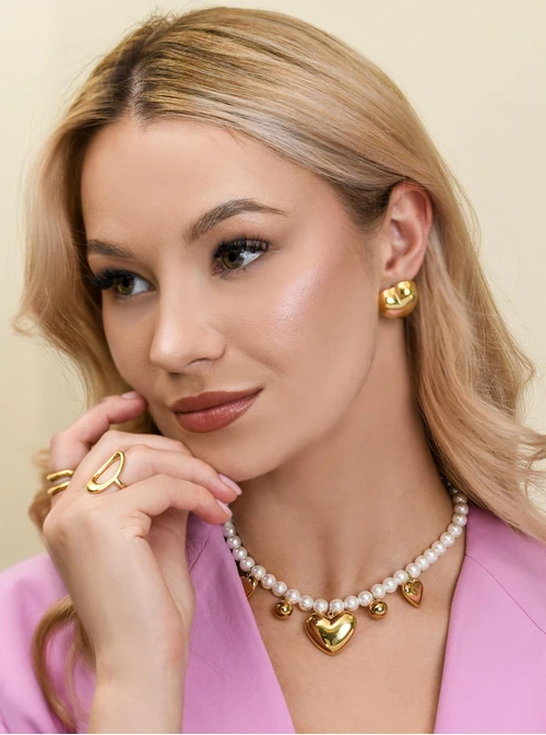 Naszyjnik dmuchane serca, perły, stal pozłacana S312559Z02