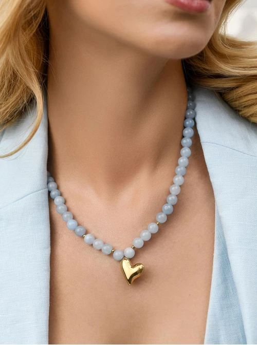 Naszyjnik dmuchane serce, Agat, stal pozłacana,  S312495Z00