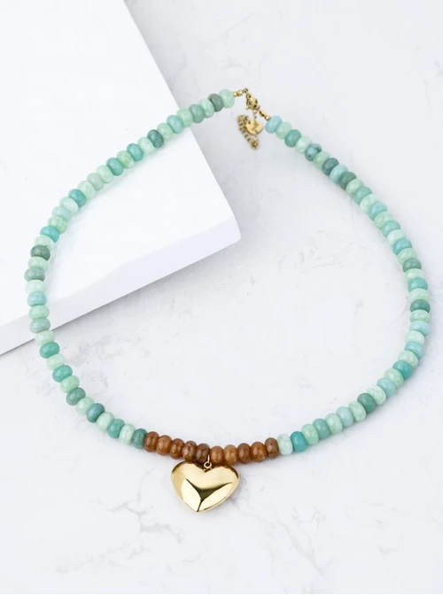 Naszyjnik dmuchane serce, Amazonit, stal pozłacana S312564Z00
