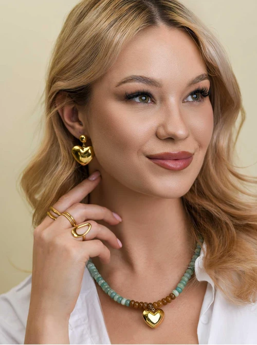 Naszyjnik dmuchane serce, Amazonit, stal pozłacana S312564Z00