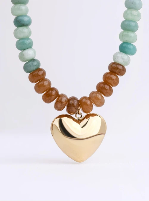 Naszyjnik dmuchane serce, Amazonit, stal pozłacana S312564Z00