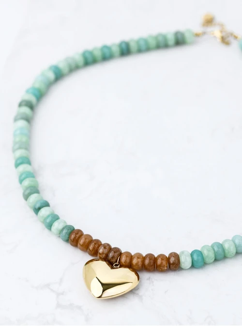 Naszyjnik dmuchane serce, Amazonit, stal pozłacana S312564Z00