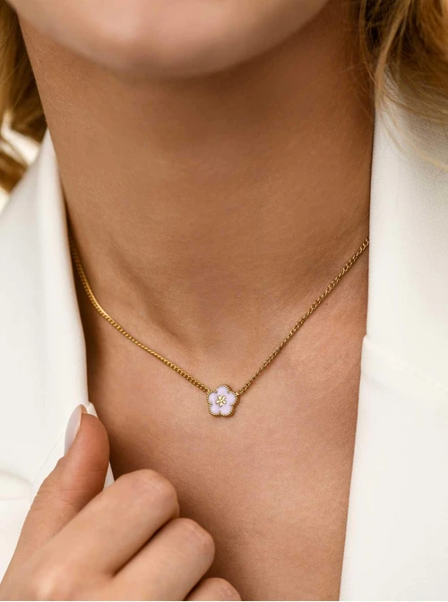 Naszyjnik fioletowy kwiatuszek, stal pozłacana S312459Z08