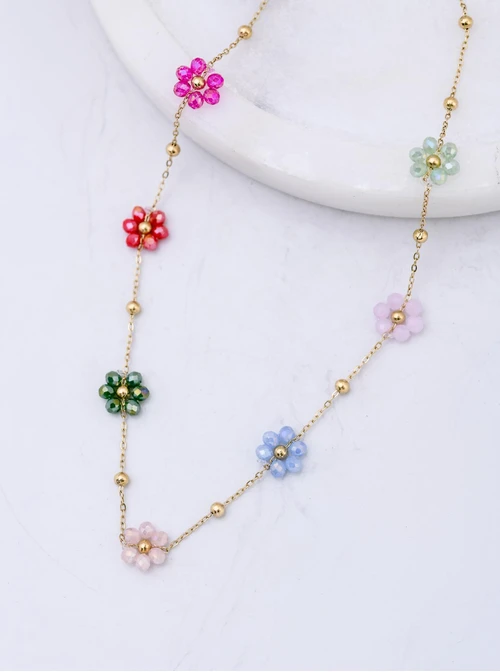 Naszyjnik kolorowe kwiatuszki, stal pozłacana S312741Z00