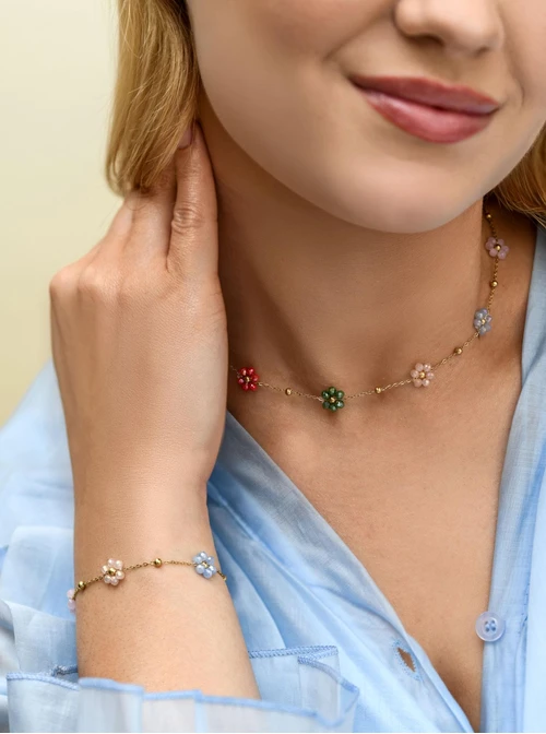 Naszyjnik kolorowe kwiatuszki, stal pozłacana S312741Z00