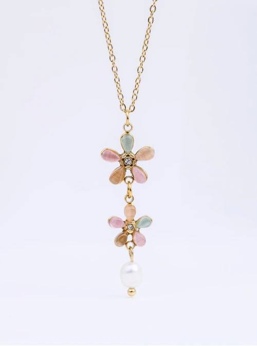 Naszyjnik krawatka, kolorowe kwiatuszki, stal pozłacana S311878Z07