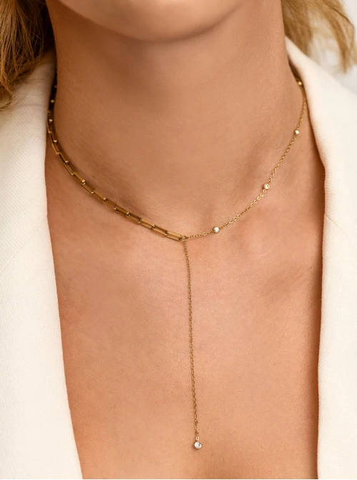 Naszyjnik krawatka, kryształki, stal pozłacana S312440Z00