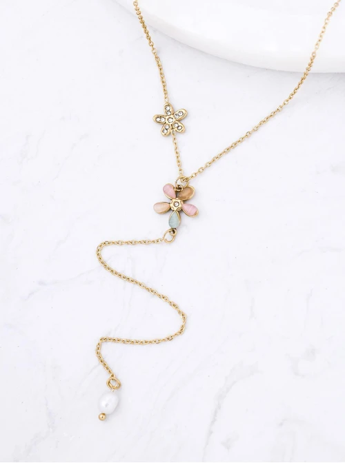 Naszyjnik krawatka, kwiatuszki, stal pozłacana S311877Z07