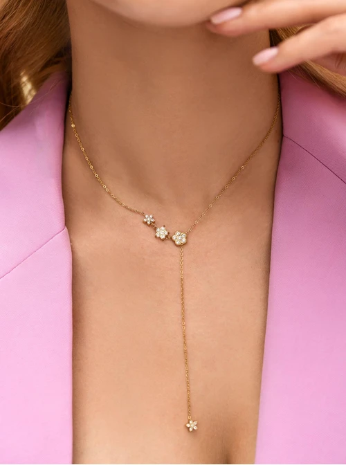 Naszyjnik krawatka, kwiatuszki, stal pozłacana S312446Z00