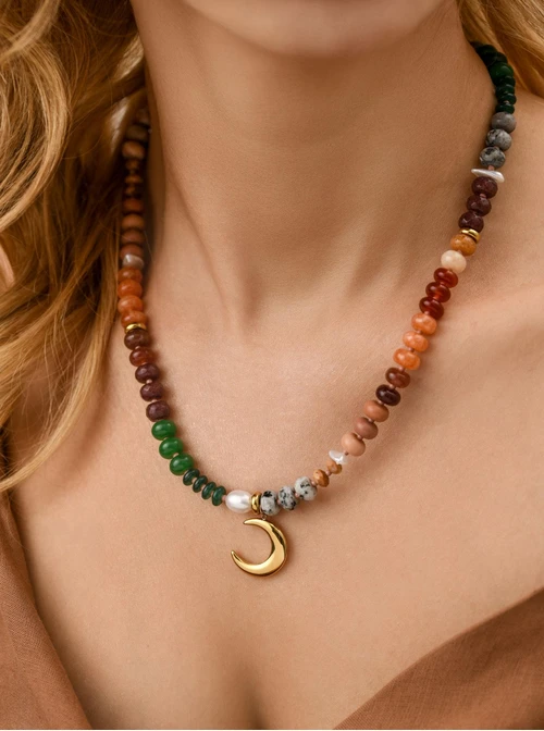 Naszyjnik księżyc, kamienie naturalne, stal pozłacana S312567Z00