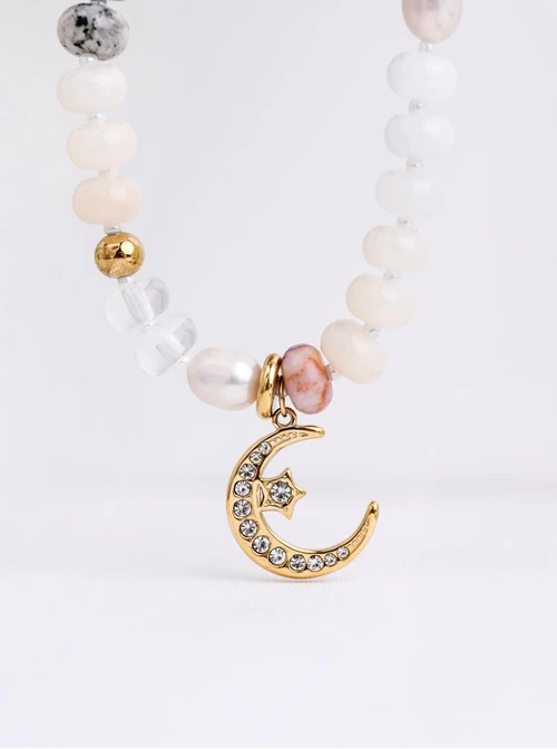 Naszyjnik księżyc, kamienie naturalne, stal pozłacana S312568Z00