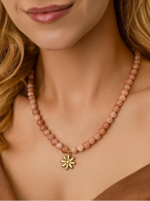 Naszyjnik kwiat, Kamień Słońca, stal pozłacana S312576Z00