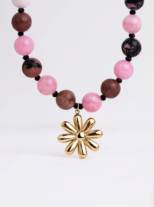 Naszyjnik kwiat, Rodonit, stal pozłacana S312575Z00