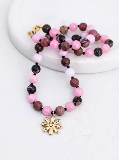 Naszyjnik kwiat, Rodonit, stal pozłacana S312575Z00