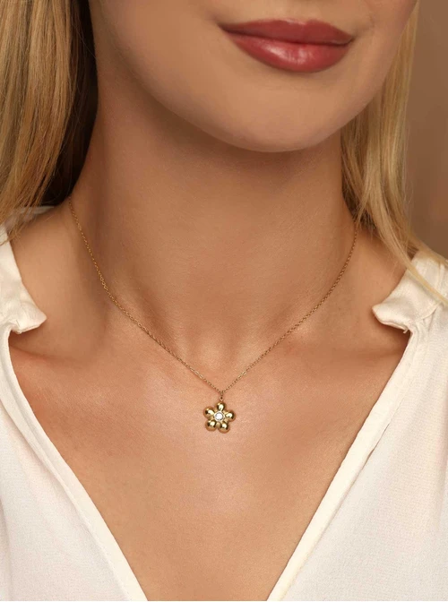 Naszyjnik kwiatuszek, kryształek, stal pozłacana S312374Z00