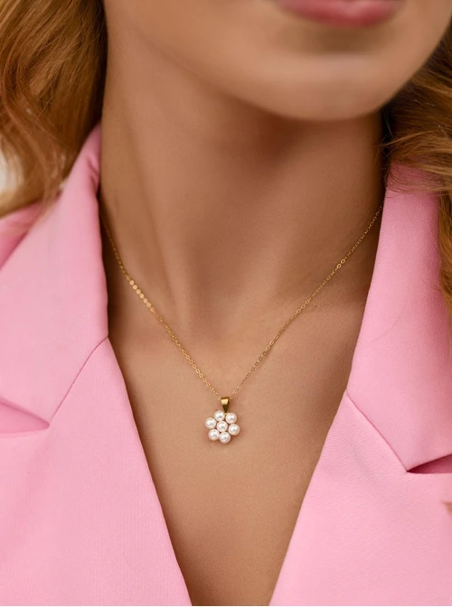 Naszyjnik kwiatuszek, perełki, stal pozłacana S312370Z00