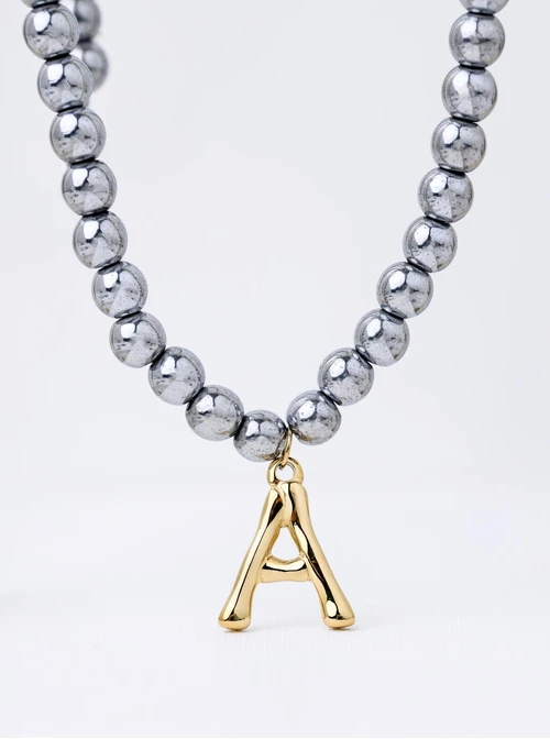 Naszyjnik literka A, Hematyt, stal  S312606S00