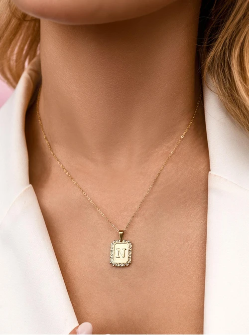 Naszyjnik literka N, kryształki, stal pozłacana S312141Z00
