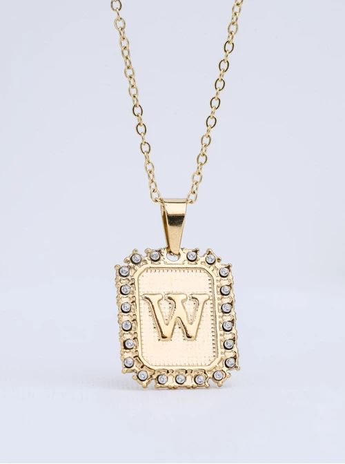 Naszyjnik literka W, kryształki, stal pozłacana S312139Z00
