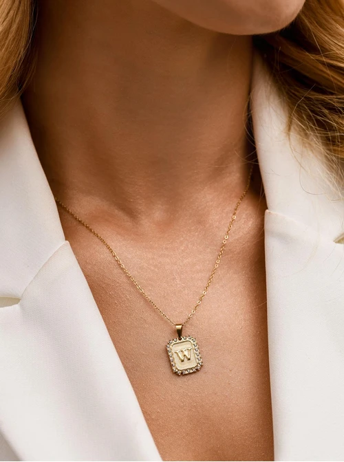 Naszyjnik literka W, kryształki, stal pozłacana S312139Z00