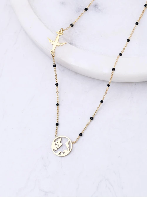 Naszyjnik mapa świata, samolot, stal pozłacana S312239Z00