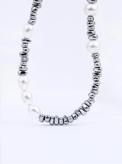 Naszyjnik perły, Hematyt, stal S312609S00